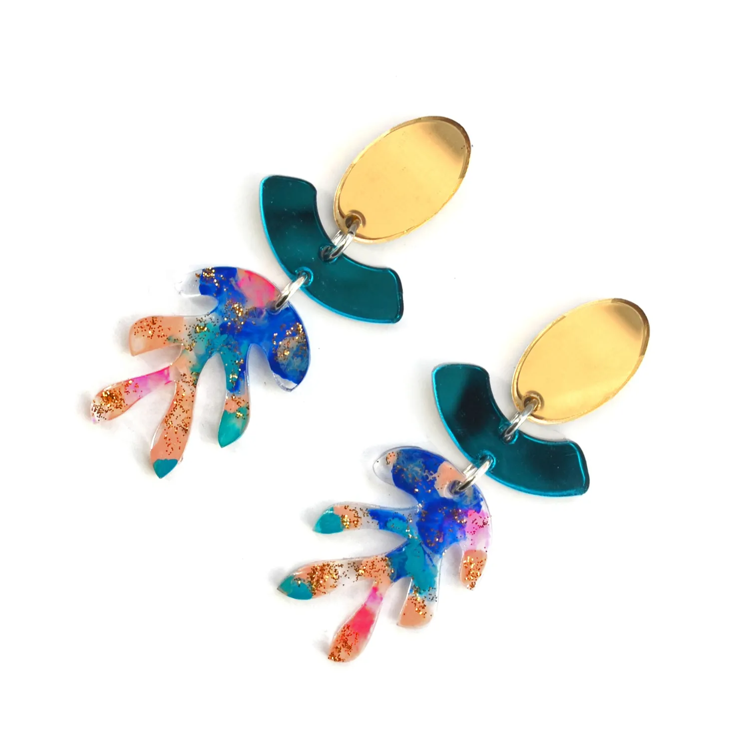 BooandBooFactory Blue Gold Glitter Leaf øredobber 70 mm