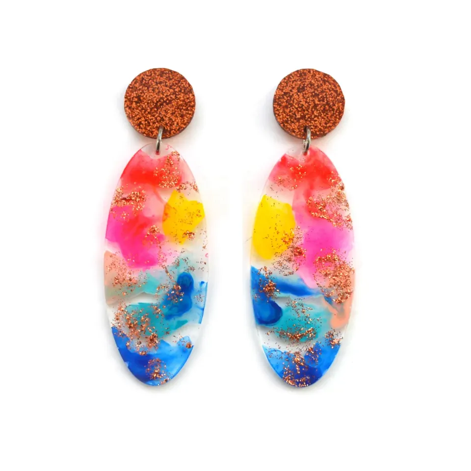 BooandBooFactory Rainbow Oval Drop Glitter Statement øredobber akryl