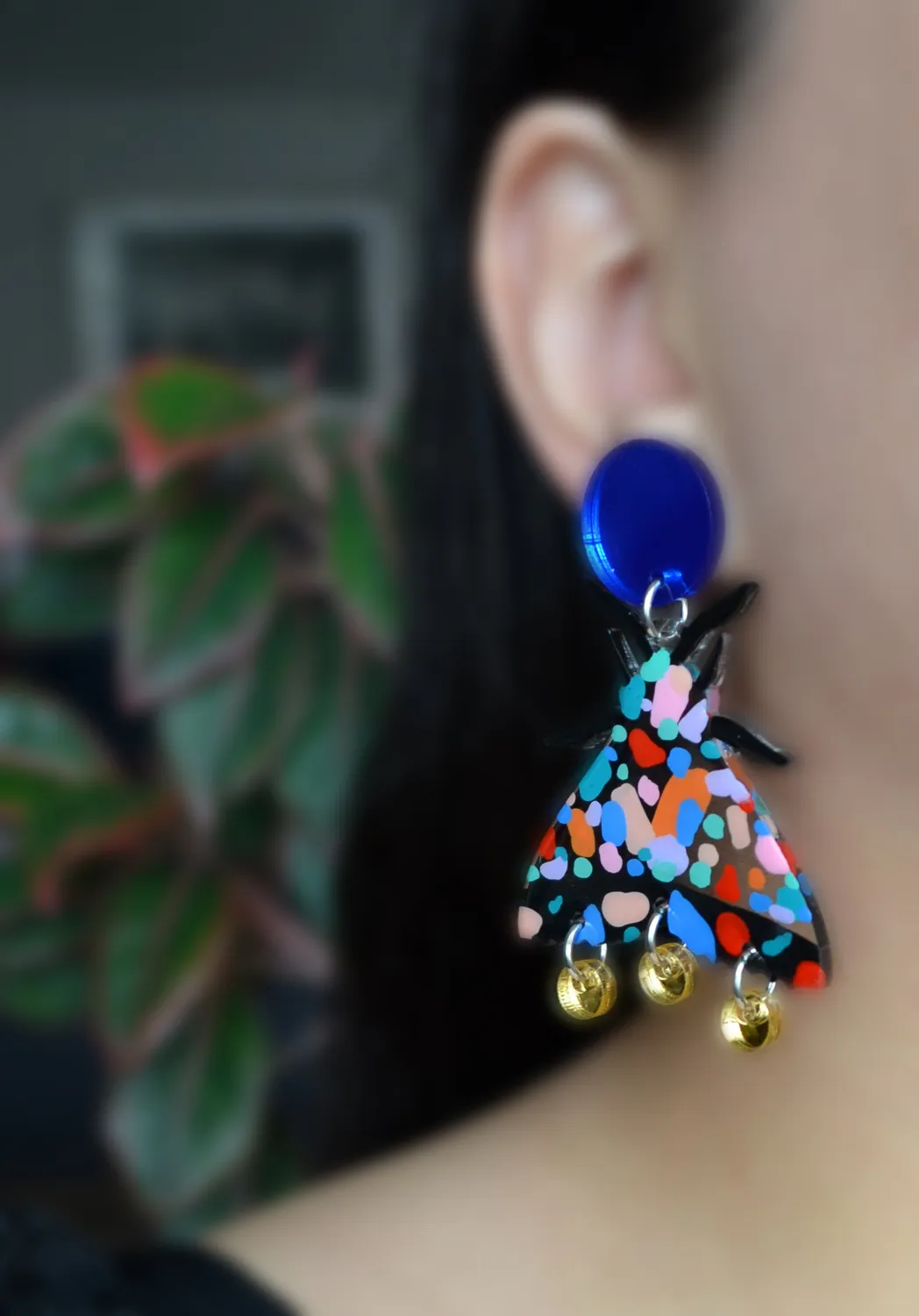 BooandBooFactory Terrazzo Painted Pattern Moth Butterfly Dangle øredobber