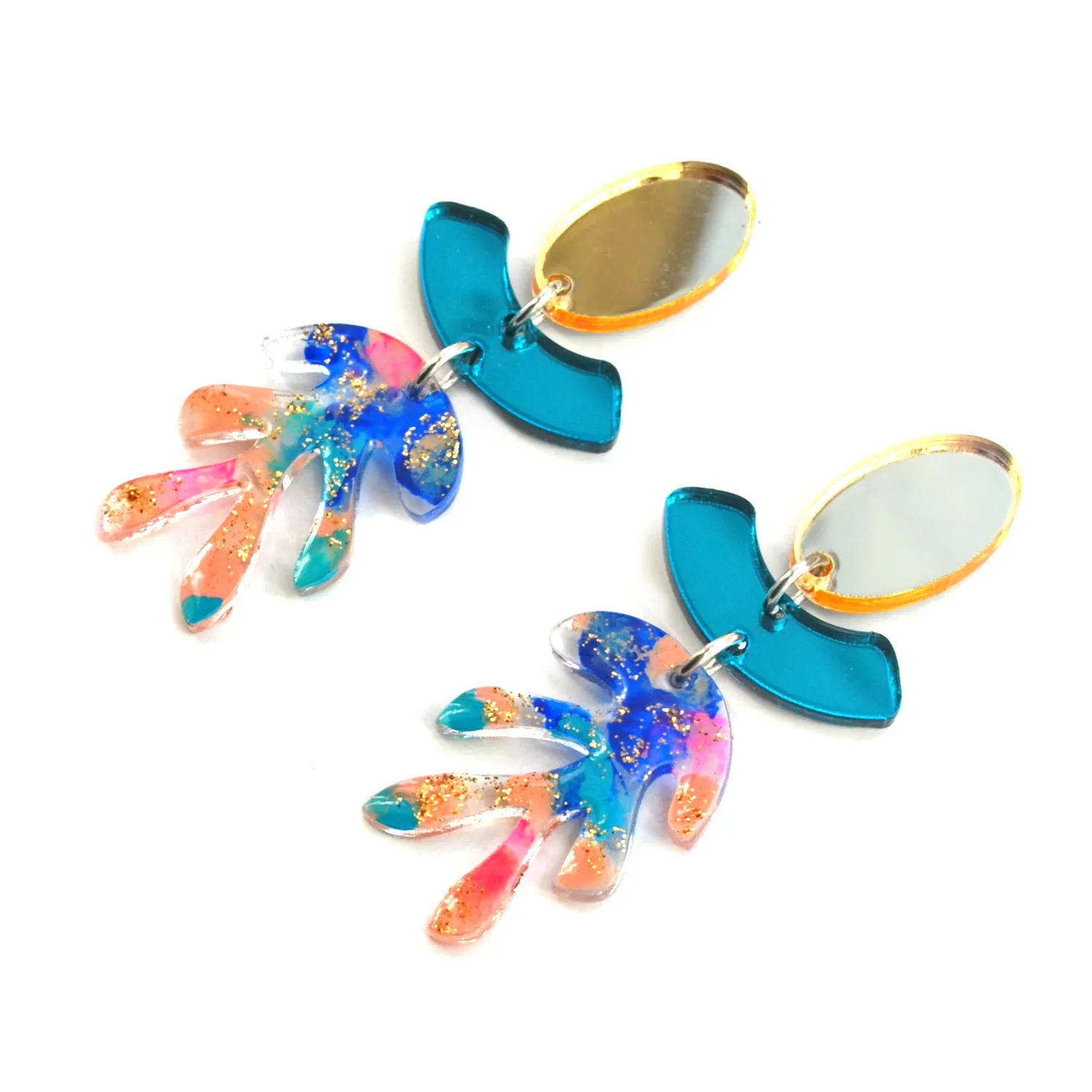 BooandBooFactory Blue Gold Glitter Leaf øredobber 70 mm