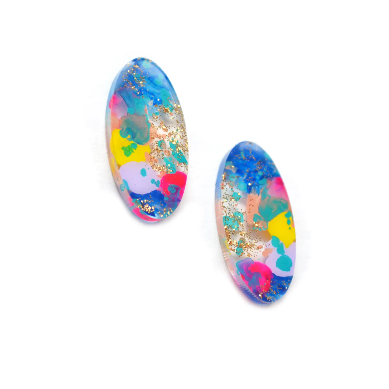BooandBooFactory Blue Gold Glitter ovale stud øredobber akryl