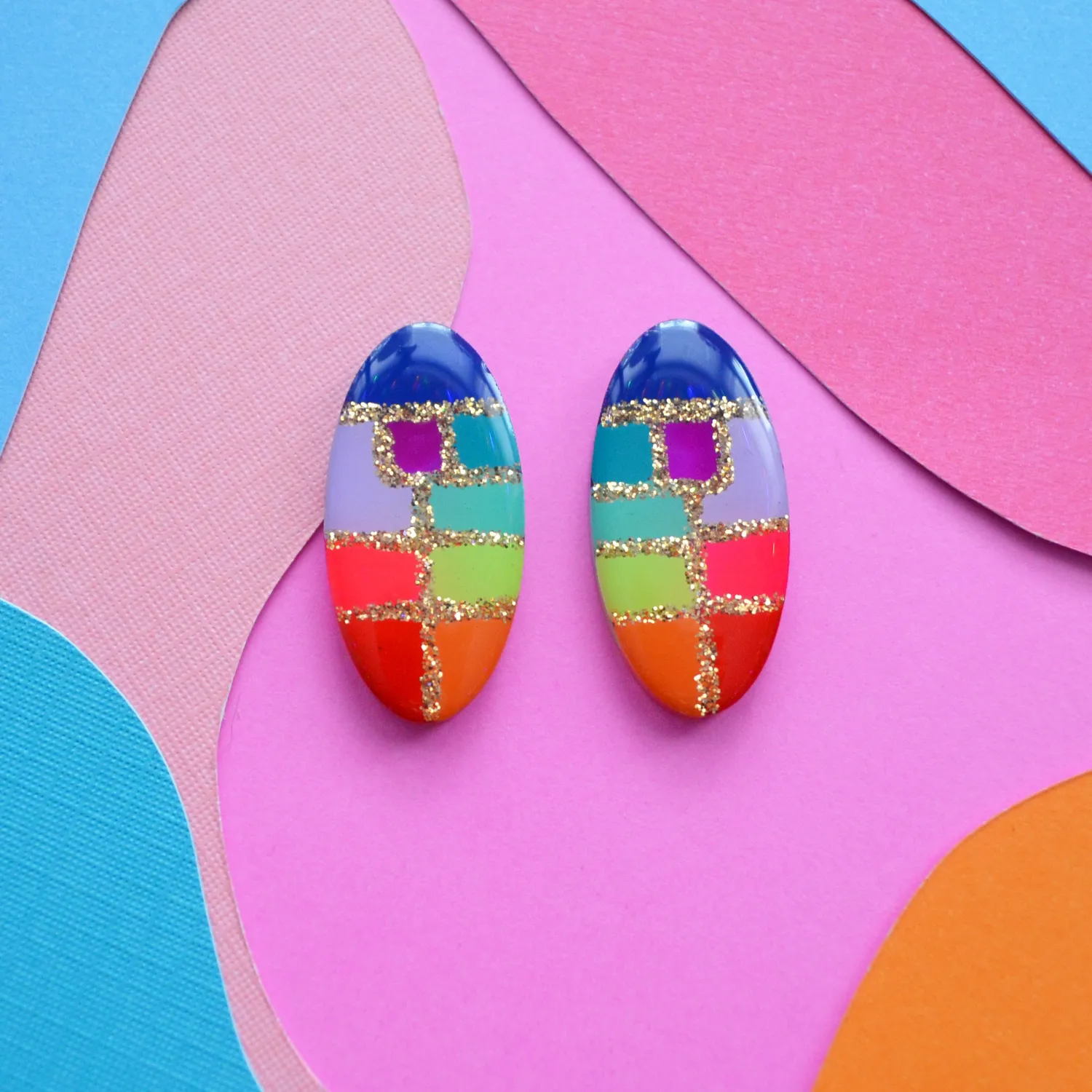 BooandBooFactory Rainbow Oval øredobber stud regnbue