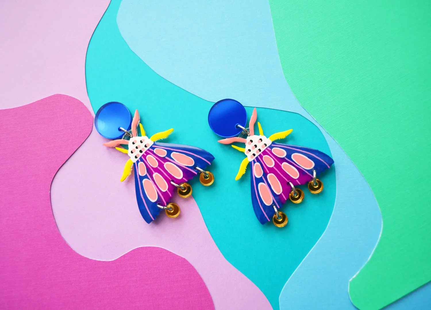 BooandBooFactory Blue Geometric Moth øredobber