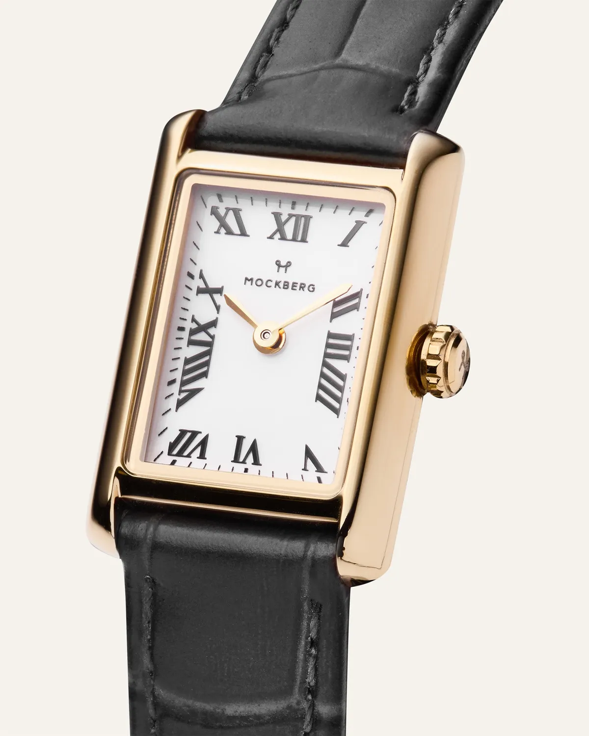 Mockberg Timeless Black Leather klokke gull 19x28 mm