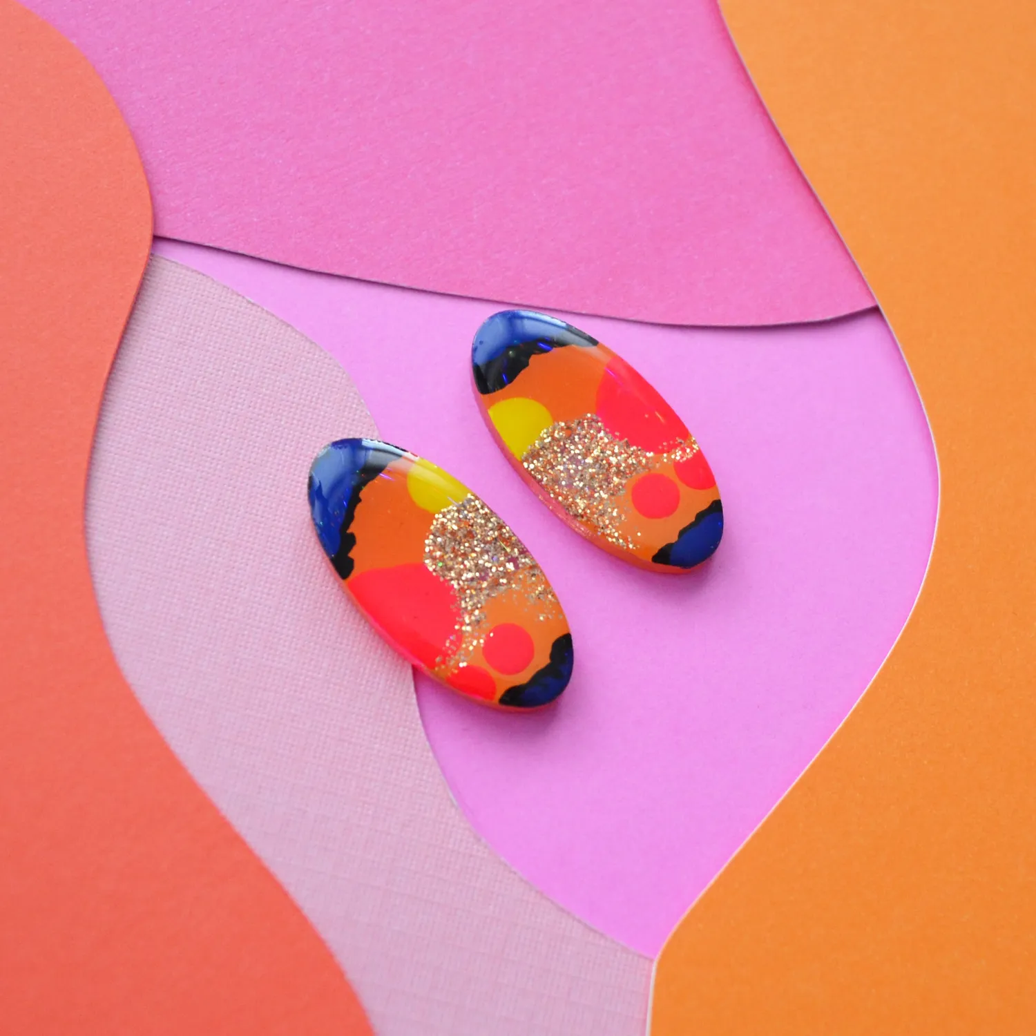 BooandBooFactory Orange Pink Abstract Oval øredobber studs
