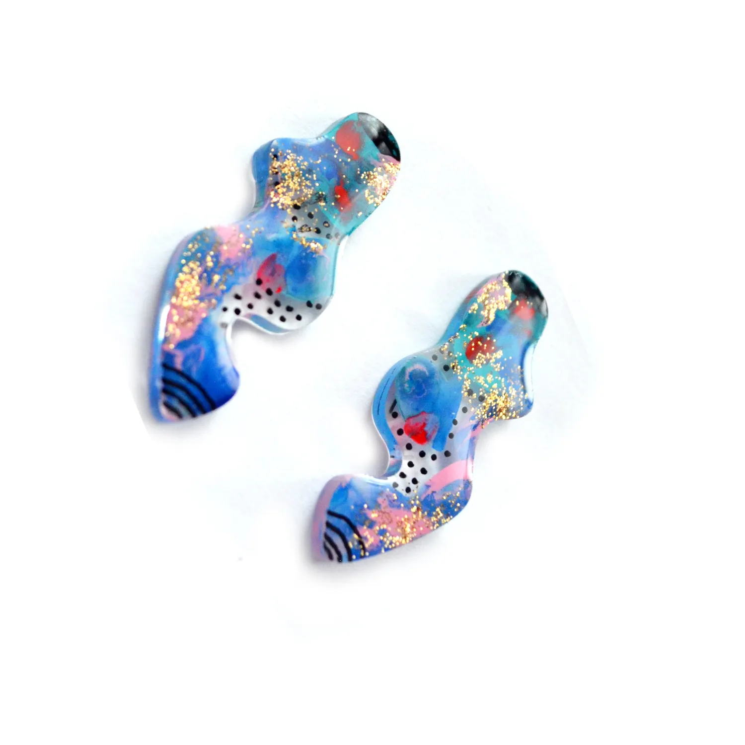 BooandBooFactory Blue Red Abstract Wavy Squiggle Resin Stud øredobber