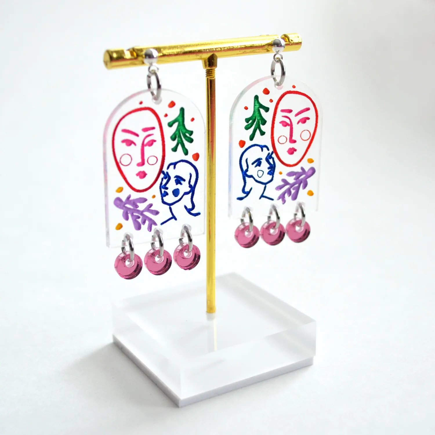 BooandBooFactory Clear Arch with Laser Cut Faces dangle-øredobber