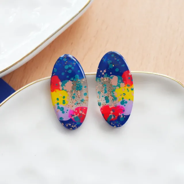 BooandBooFactory Blue Gold Glitter ovale stud øredobber akryl