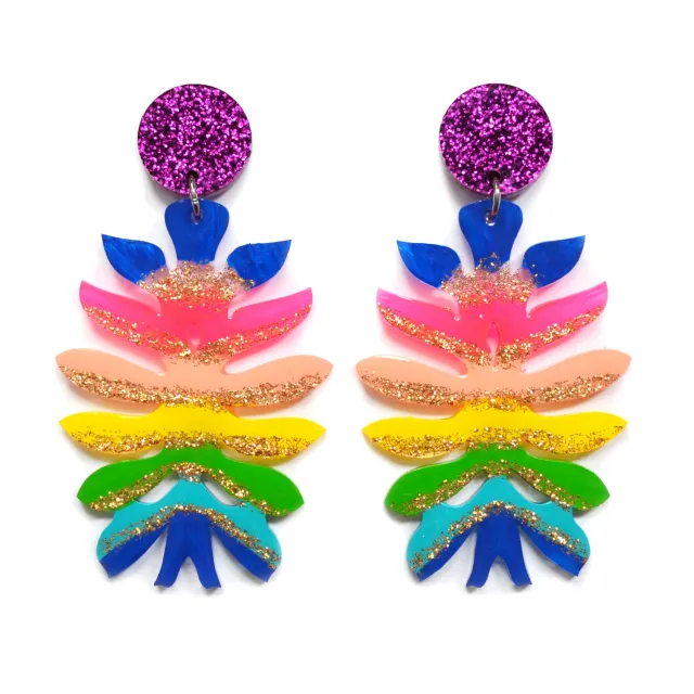 BooandBooFactory Rainbow Flower Statement øredobber regnbueglitter