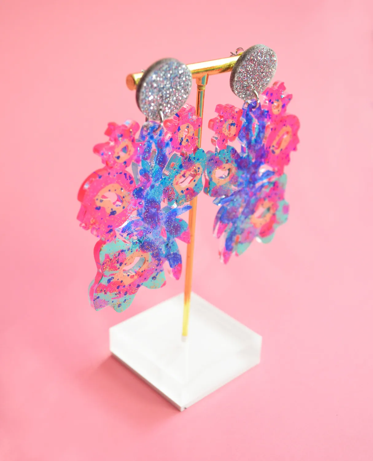 BooandBooFactory Pink Blue Flower øredobber glitter
