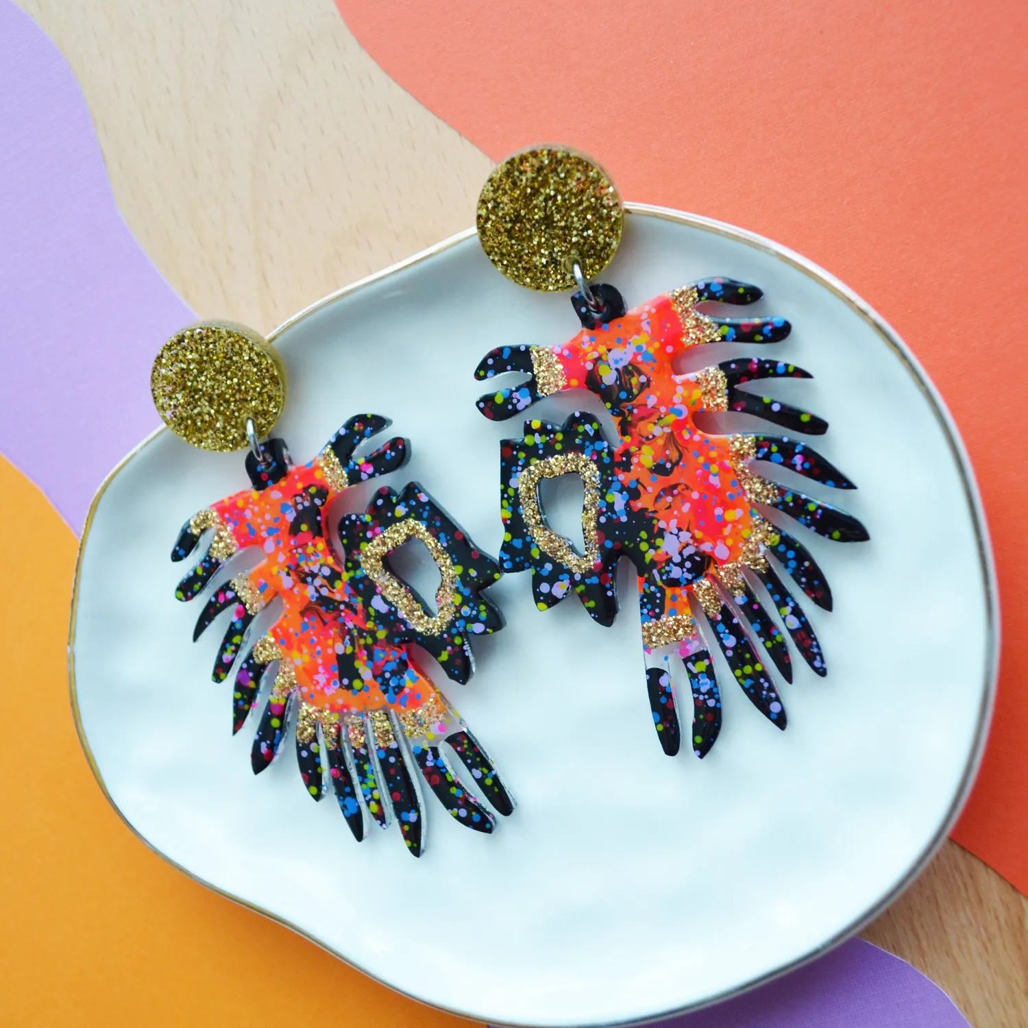BooandBooFactory Gold Pink Leaf resin øredobber glitter