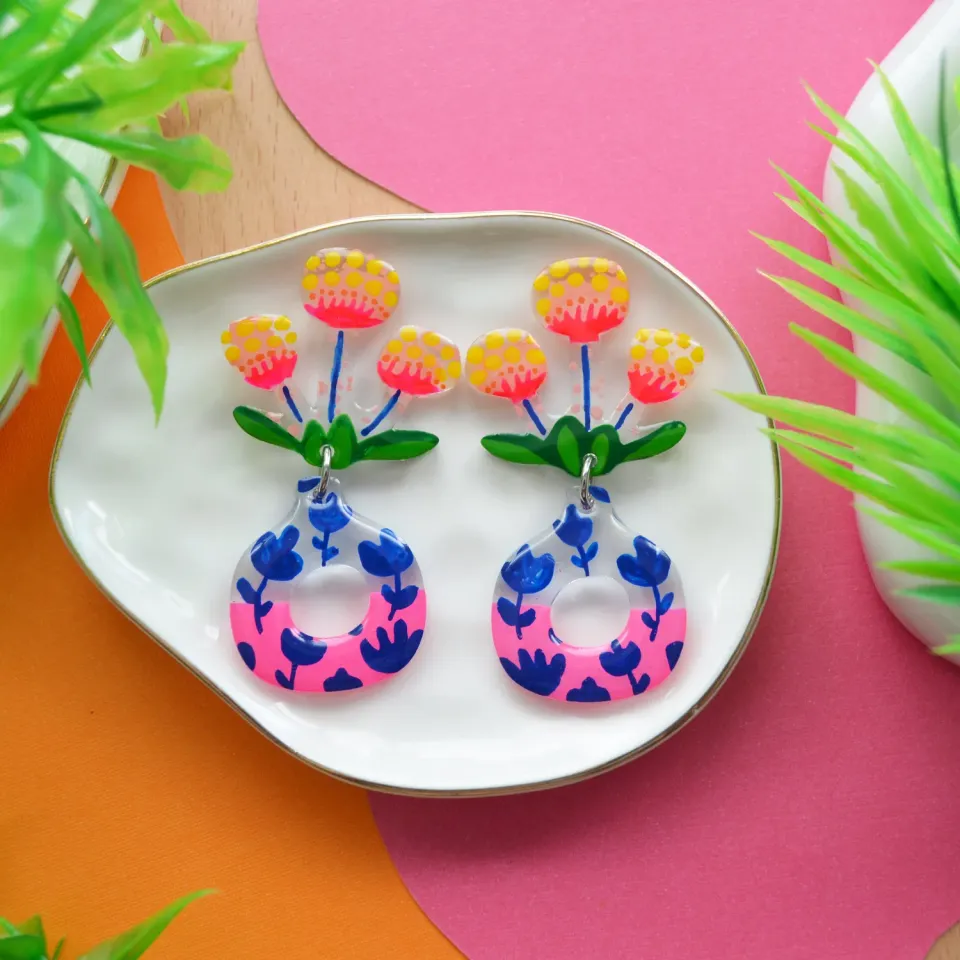 BooandBooFactory Neon Pink Flower Vase øredobber rosa