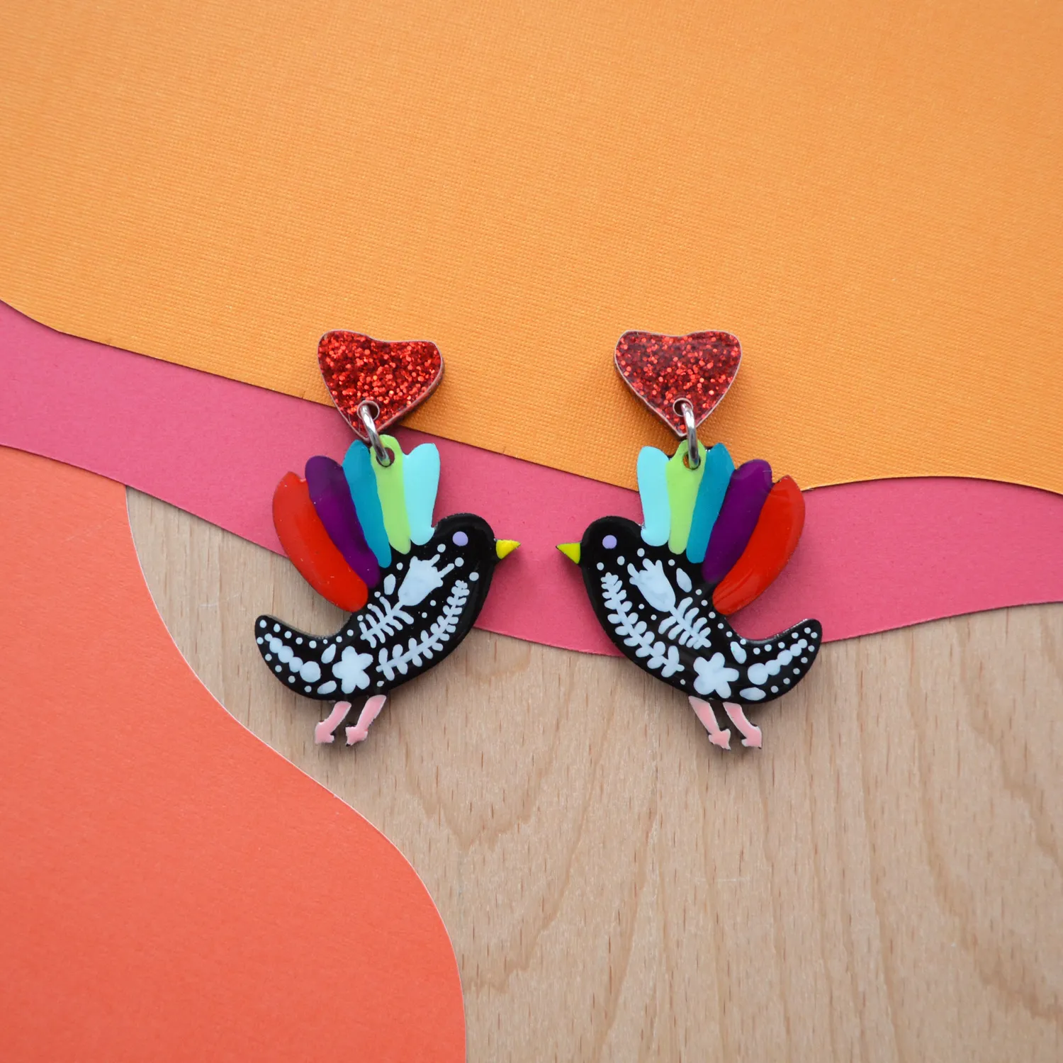 BooandBooFactory Floral Folk Flying Bird øredobber flerfarget