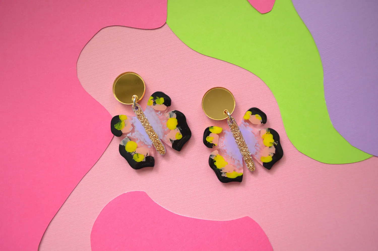 BooandBooFactory Butterfly øredobber gull lavendel glitter