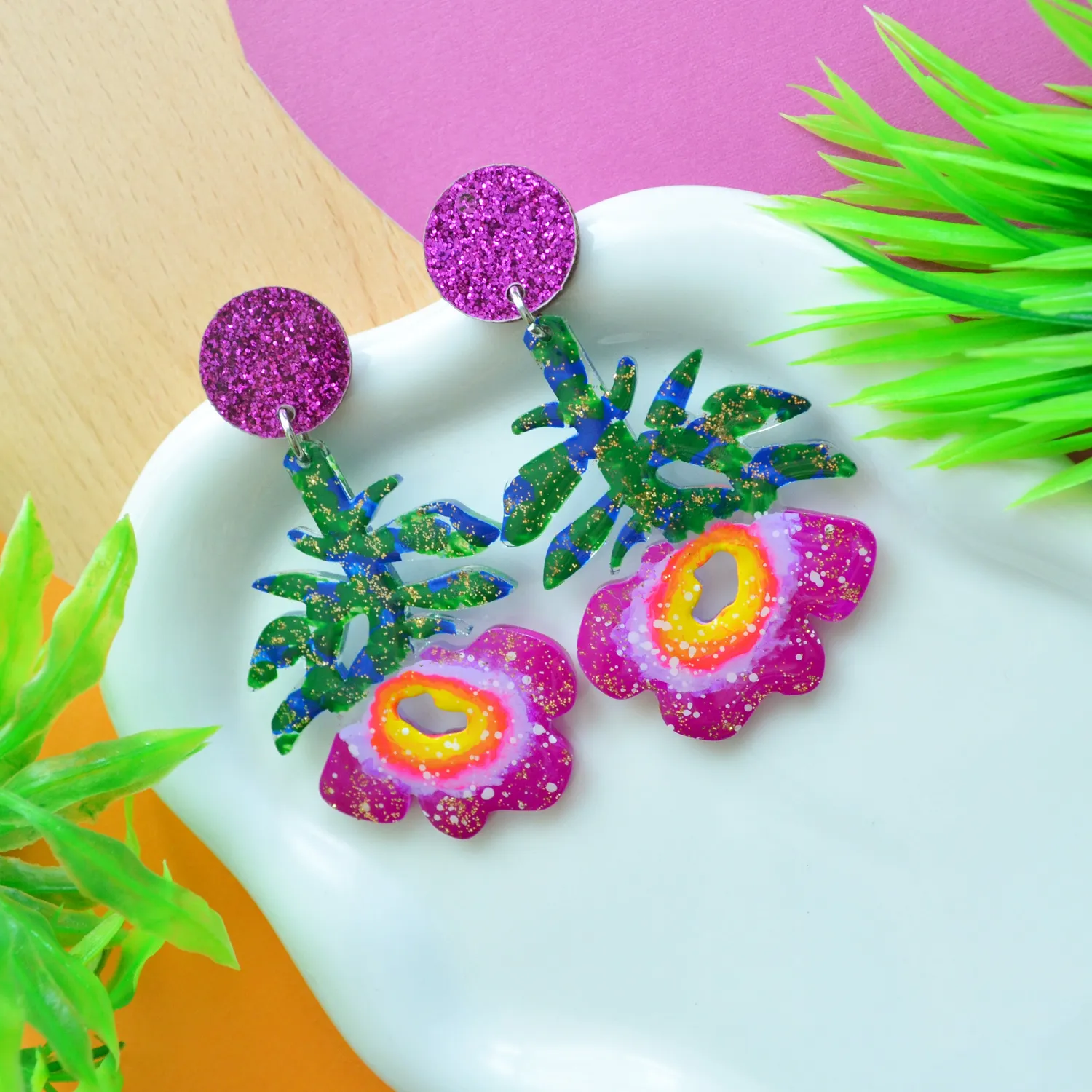 BooandBooFactory Purple Flower Resin Glitter akryl øredobber lilla
