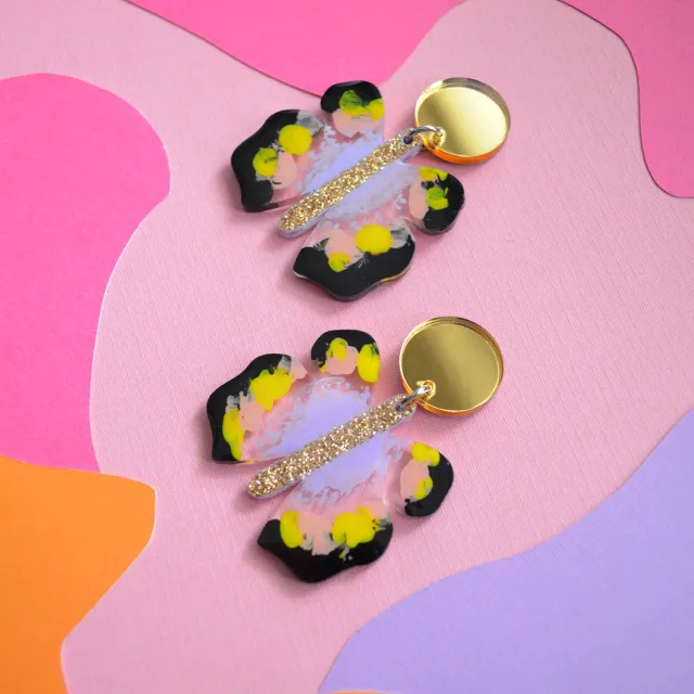 BooandBooFactory Butterfly øredobber gull lavendel glitter