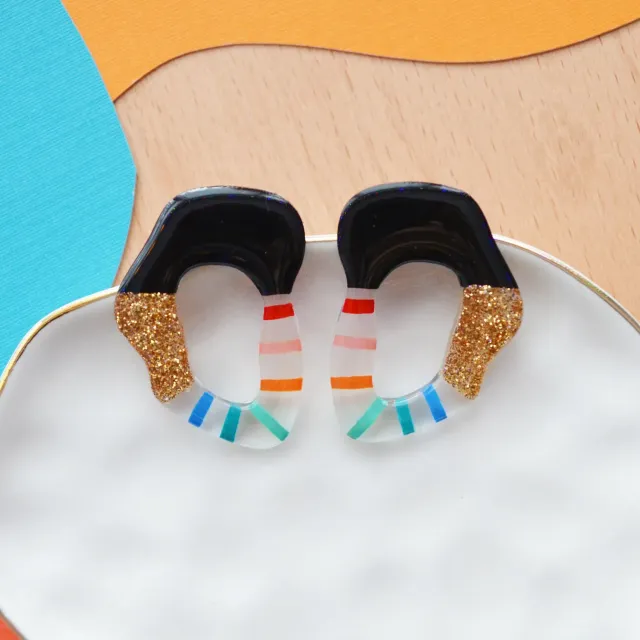 BooandBooFactory Rainbow Gold Glitter Squiggle øredobber regnbue