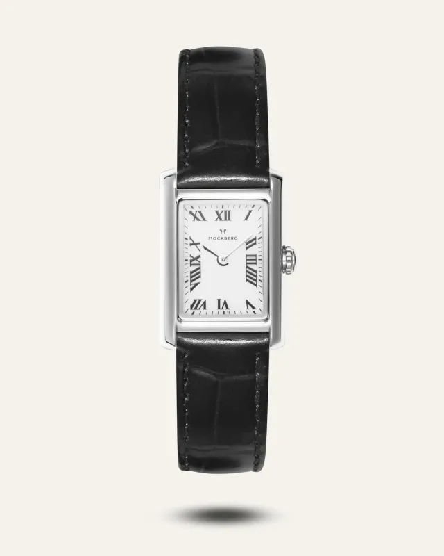 Mockberg Timeless Black Leather klokke svart lær rektangulær