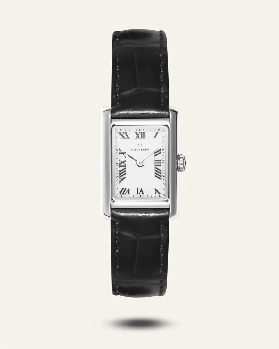 Mockberg Timeless Black Leather klokke svart lær rektangulær