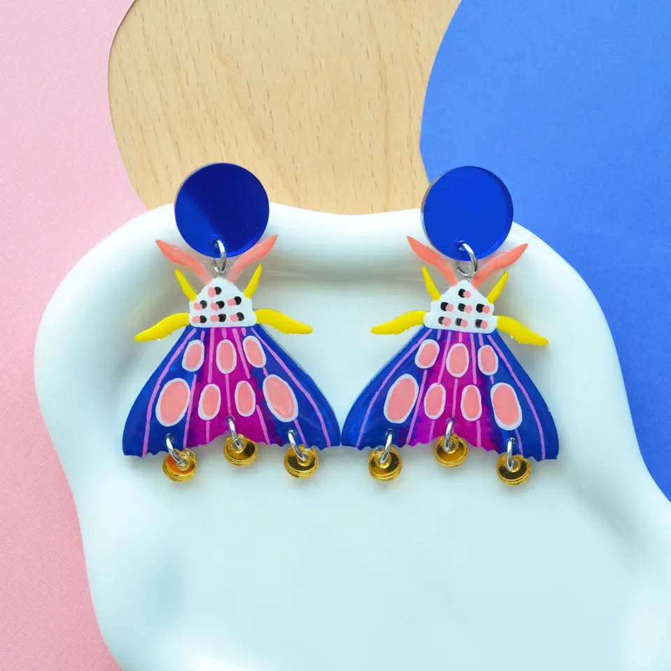 BooandBooFactory Blue Geometric Moth øredobber