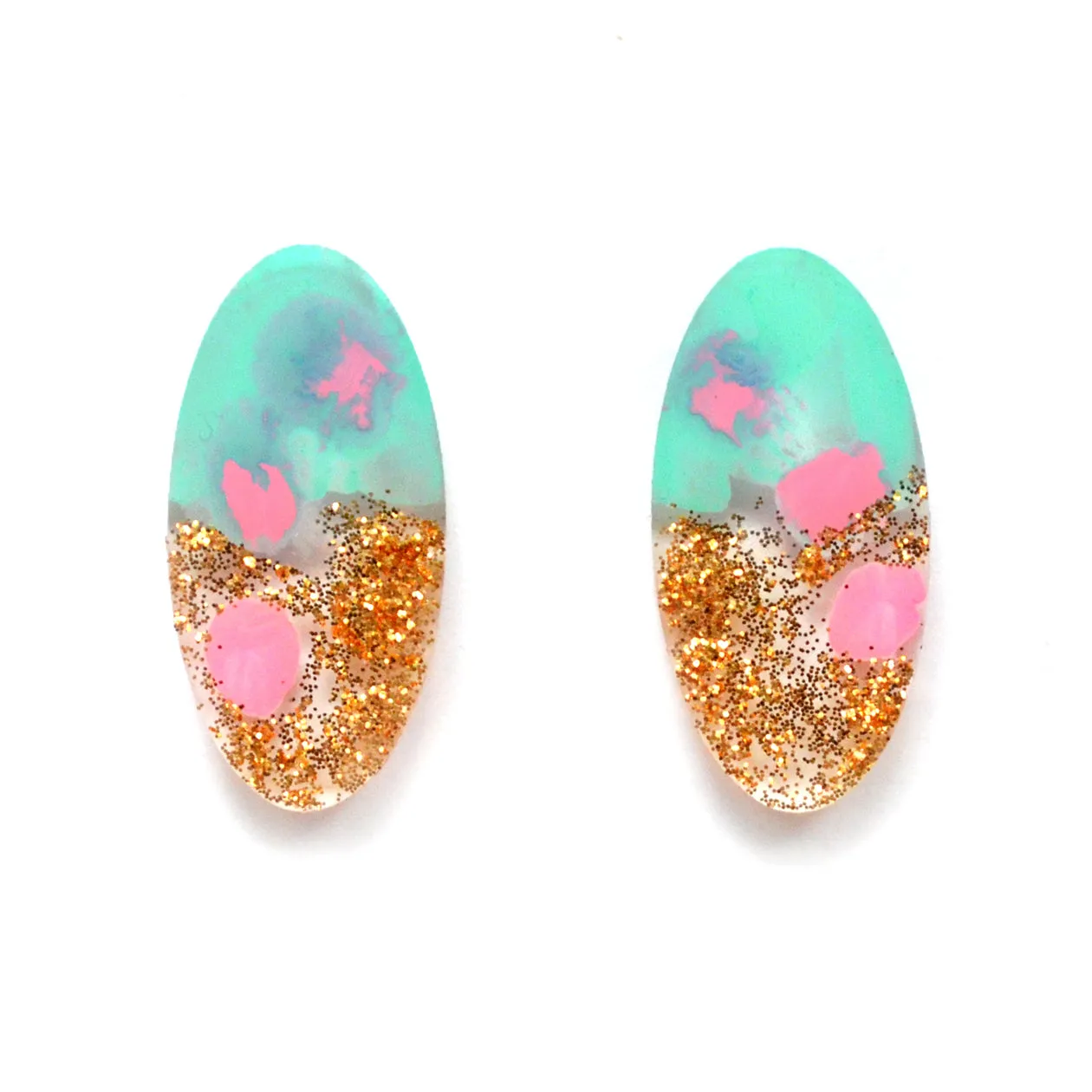 BooandBooFactory Mint and Pink with Gold Glitter Oval øredobber mint