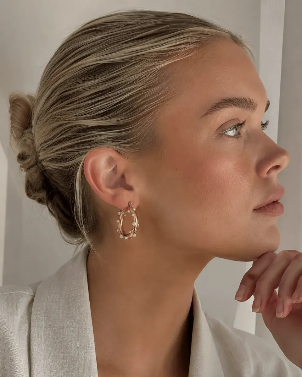 Mea Nani Pearls Gold Hoops 18K gull hvit perle 25 mm