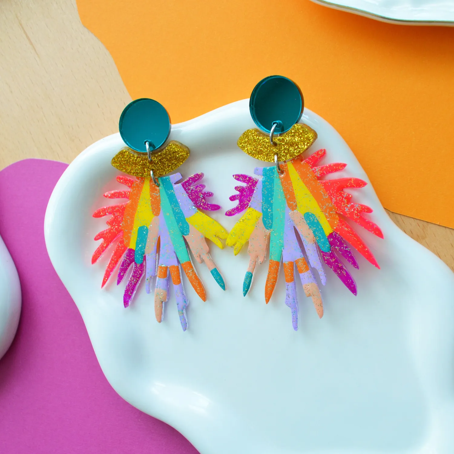 BooandBooFactory Rainbow Pom Pom glitterøredobber 89 mm