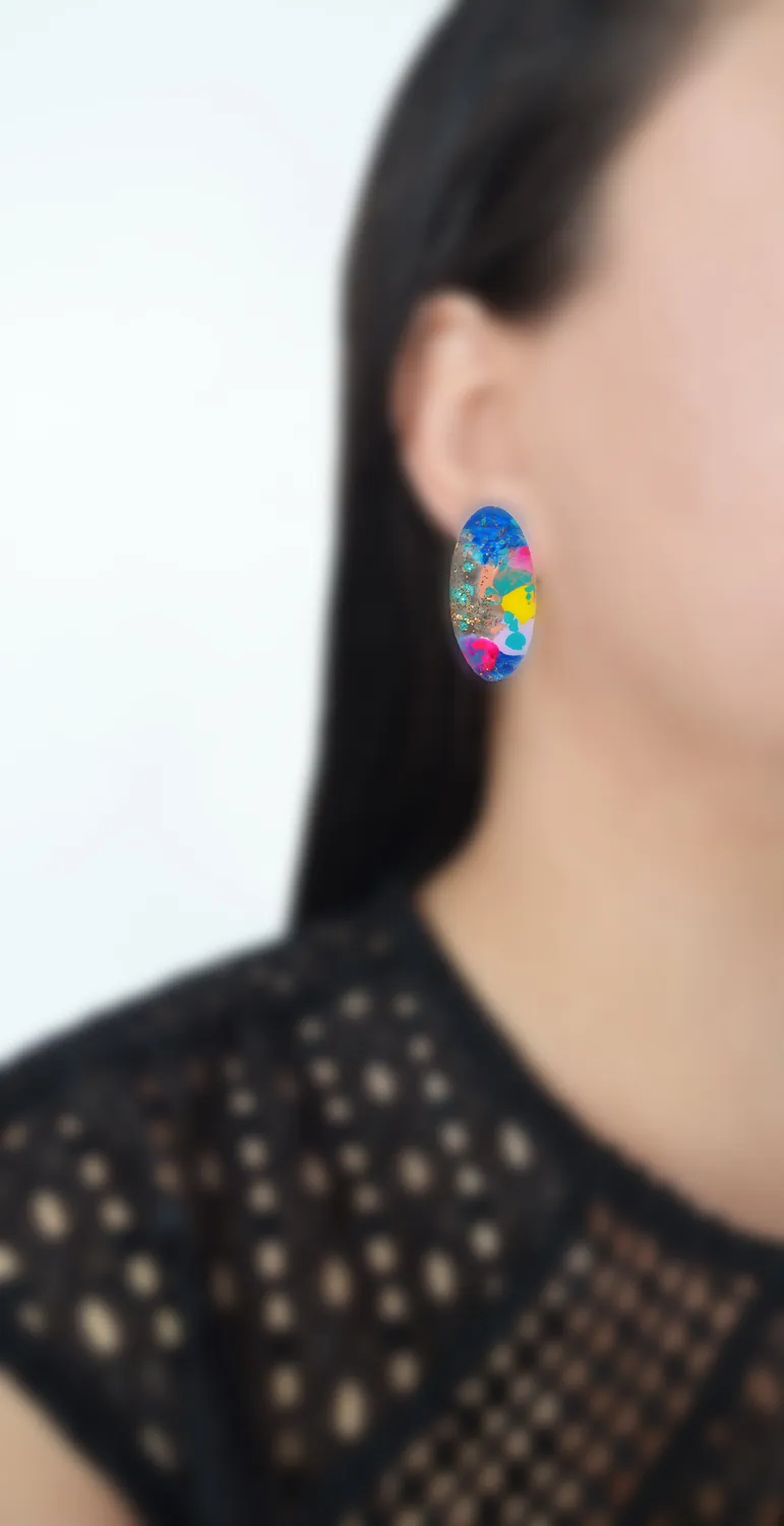 BooandBooFactory Blue Gold Glitter ovale stud øredobber akryl