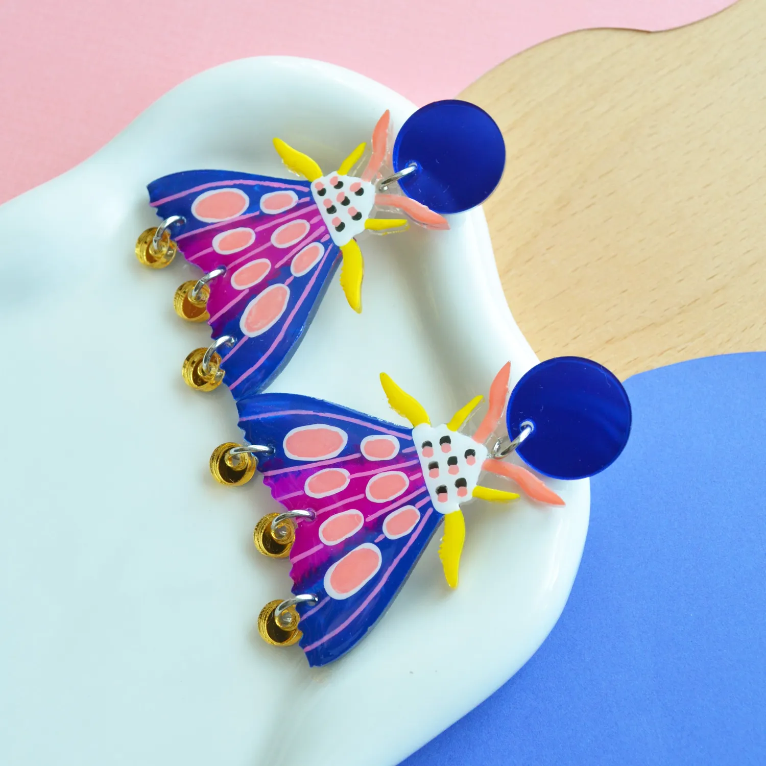 BooandBooFactory Blue Geometric Moth øredobber