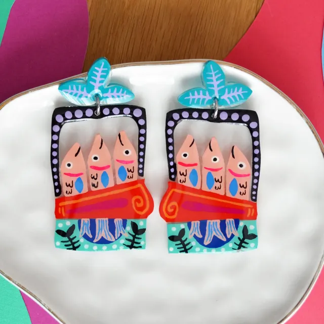 BooandBooFactory Sardine Tin øredobber fisk turkis rød