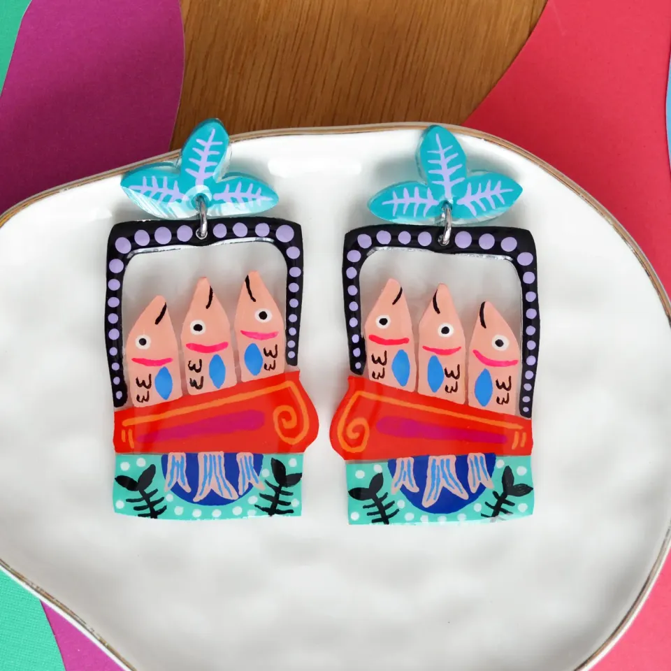 BooandBooFactory Sardine Tin øredobber fisk turkis rød