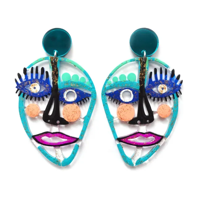 BooandBooFactory Turquoise Blue Face akryl øredobber ansikt
