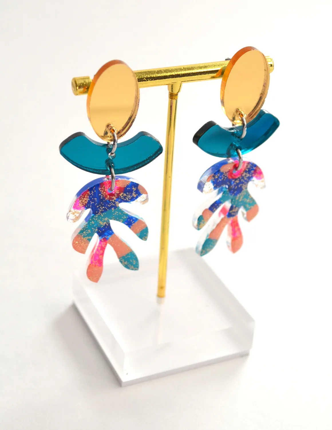 BooandBooFactory Blue Gold Glitter Leaf øredobber 70 mm