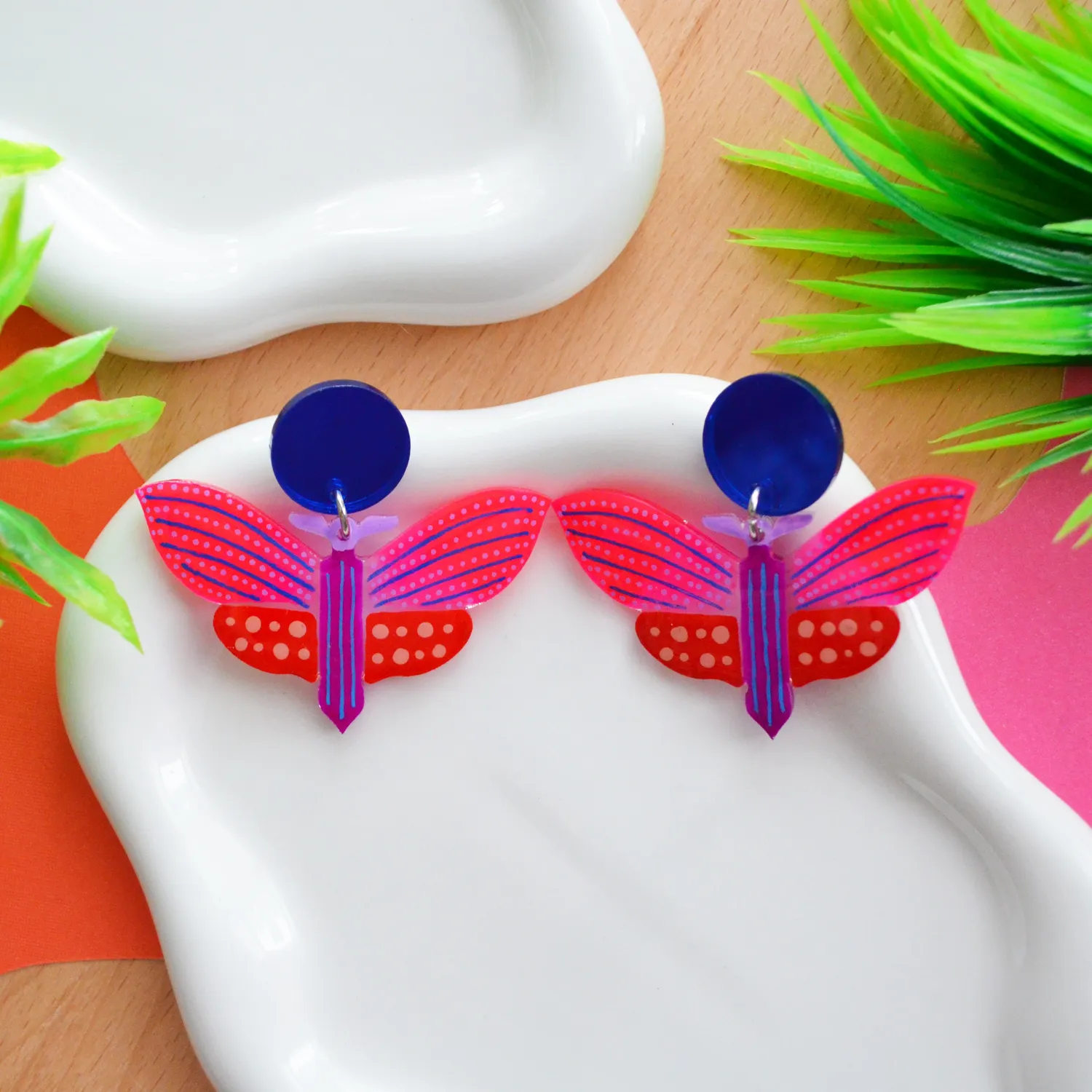 BooandBooFactory Butterfly øredobber lilla rød geometrisk