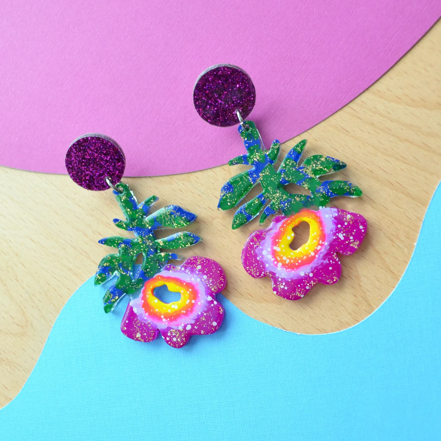 BooandBooFactory Purple Flower Resin Glitter akryl øredobber lilla