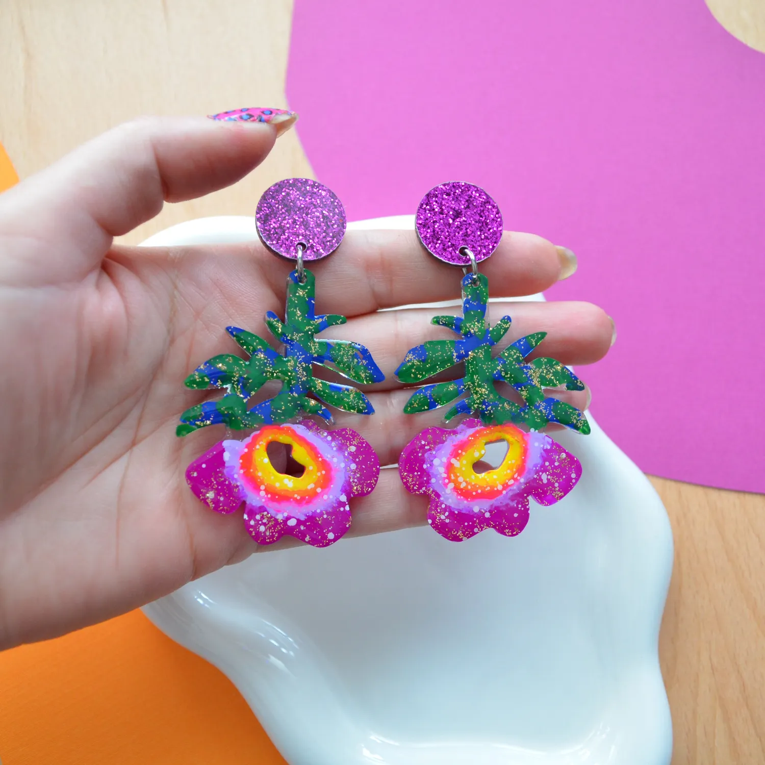 BooandBooFactory Purple Flower Resin Glitter akryl øredobber lilla