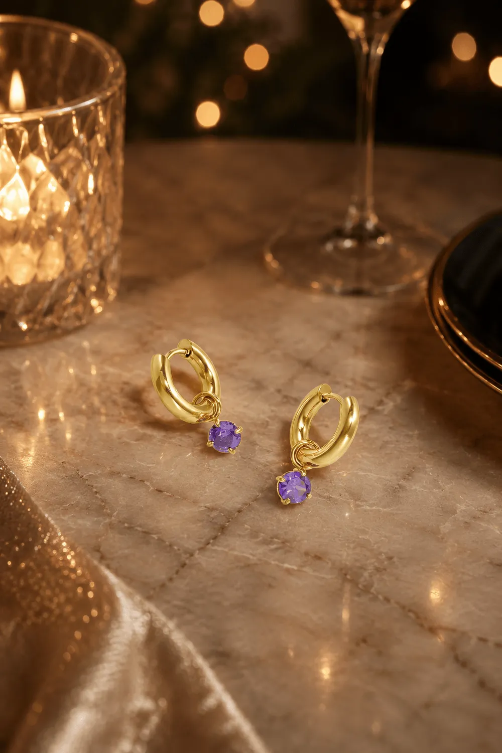 Mea Nani Mauve hoops øredobber lilla stein 14K
