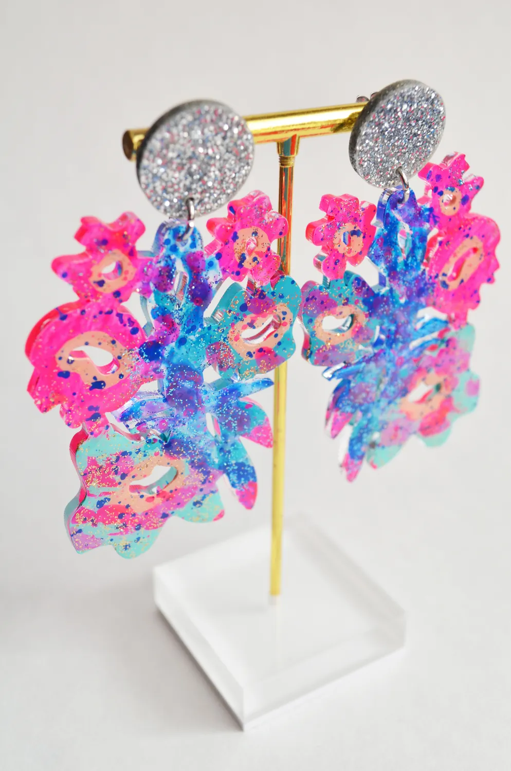 BooandBooFactory Pink Blue Flower øredobber glitter