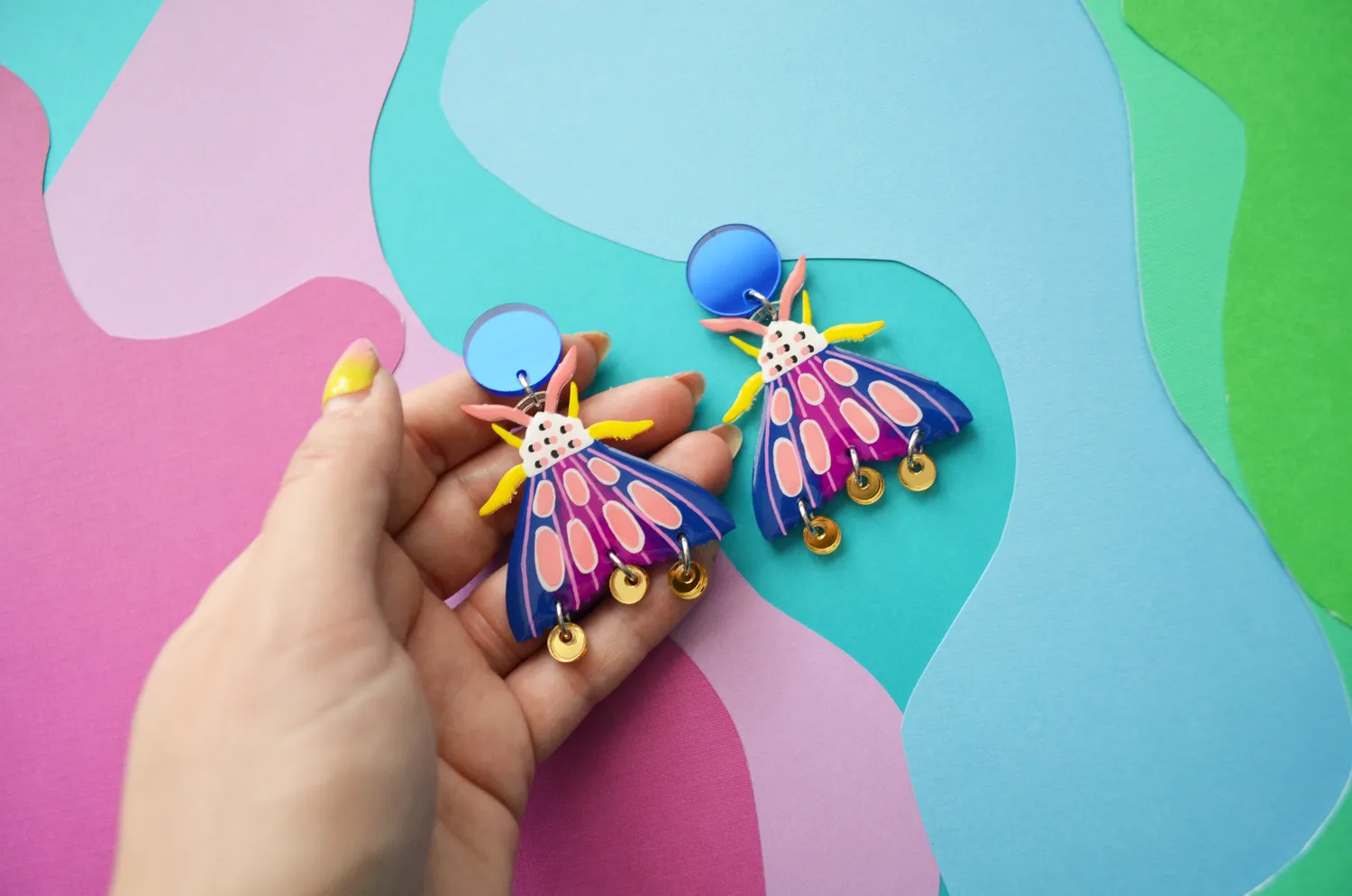 BooandBooFactory Blue Geometric Moth øredobber